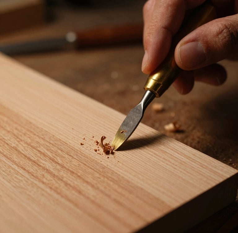 Extreme macro photograph of a luthier's hand scraping a spruce soundboard with a brass cabinet scraper, fine wood curls, warm low-key workshop lighting, dark background