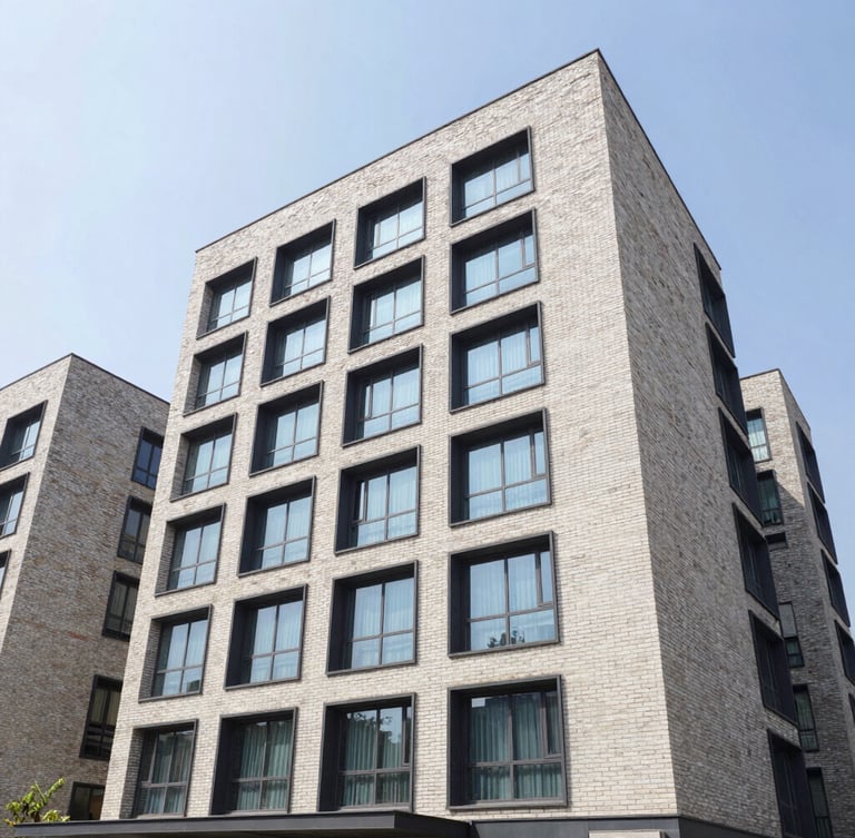 A sharp architectural photograph of premium modern independent floors in Gurugram, showcasing clean brick and glass facades under bright natural daylight.