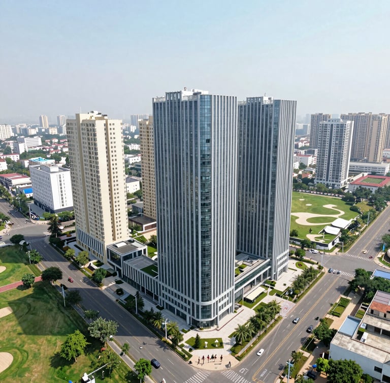 A bright daytime aerial architectural photograph of Golf Course Road in Gurugram, showcasing modern commercial and residential towers, wide roads, and green patches.