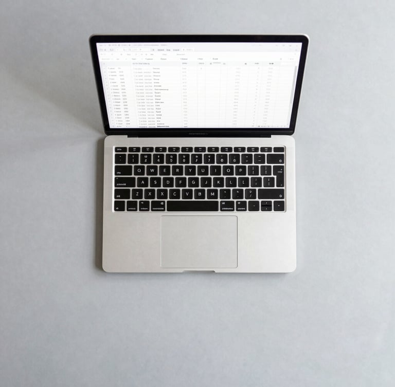 Overhead flat-lay of an organized desk with a sleek laptop displaying a clean spreadsheet, neutral gray surface, bright even office daylight.
