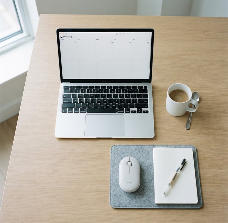 Overhead flat-lay of an organized minimalist desk, modern laptop showing a clean calendar, neutral bright daylight, sharp geometric composition, 35mm