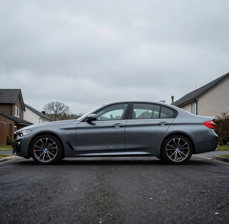 Immaculate side profile of a metallic grey BMW saloon parked in a clean minimalist suburban driveway, moody South Wales overcast sky, 35mm lens.