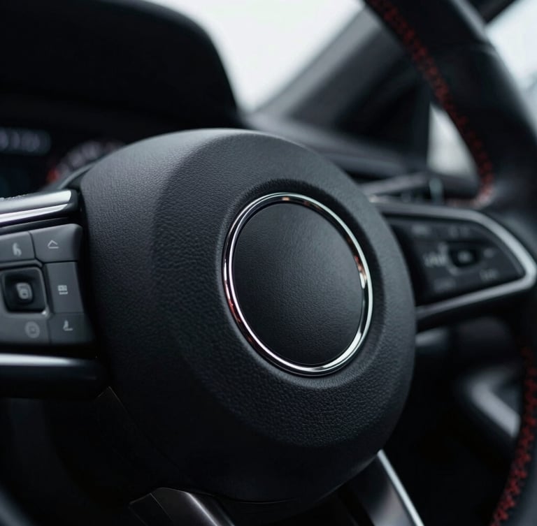 Immaculate close-up of a modern German car steering wheel badge, shallow depth of field, moody interior lighting.