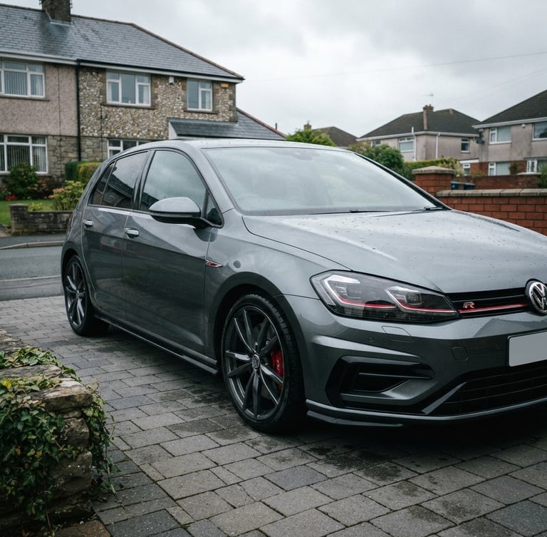 Low-angle three-quarter shot of a clean metallic grey German hatchback parked on a quiet Welsh suburban driveway, overcast soft daylight highlighting the sharp lines.
