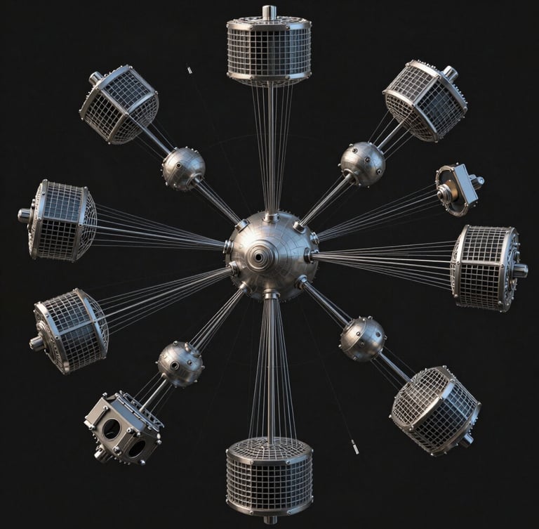 Ultra-wide technical wireframe render of complex 3D game physics, showing collision vectors and rigid-body schematics in raw titanium gray against a deep black background.