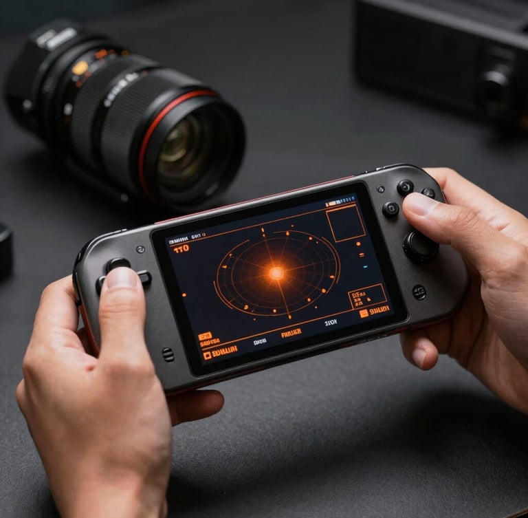 A close-up of hands holding a sleek handheld console in a dark room, sharp orange telemetry data overlaid on the glass screen