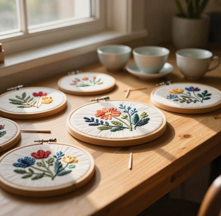 Cozy workshop table with colorful embroidery hoops, wooden needles, and ceramic tea cups, soft golden-hour window light casting long shadows, warm atmospheric editorial