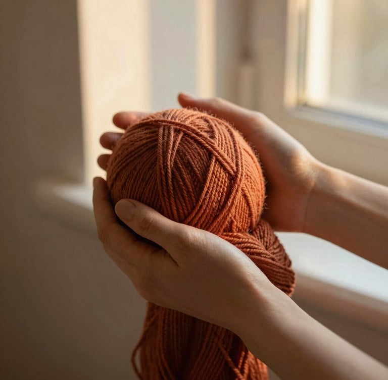 Warm editorial photography of a woman's hands gently holding terracotta-colored yarn, soft golden-hour window light, rich tactile textile textures, shallow depth of field