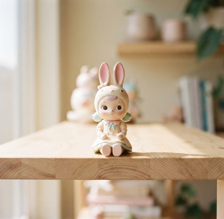 Soft-focus close-up of a pastel vinyl figure sitting on a light wooden shelf, warm morning window light, cream background, shallow depth of field, 35mm lens
