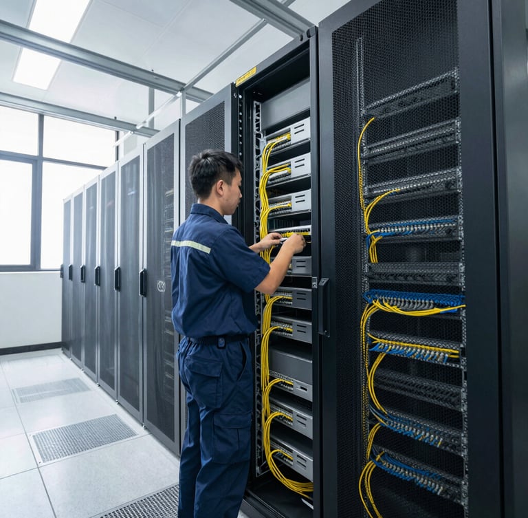 Wide angle shot of a uniformed technician terminating Cat6 cables in a commercial server rack, bright daylight from nearby windows, high contrast industrial tones.