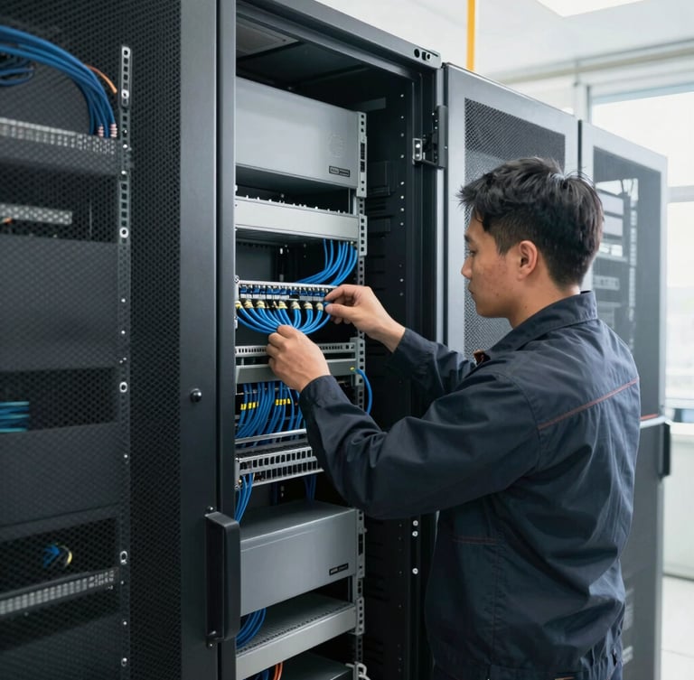 Medium shot of a professional network technician in a dark uniform carefully routing blue Cat6 cabling inside a clean commercial server rack, natural bright lighting