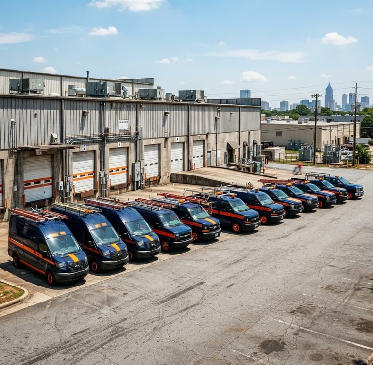 Wide panoramic daylight shot of navy and safety orange branded fleet vehicles parked outside a commercial warehouse in Atlanta, heavy contrast, industrial tones.