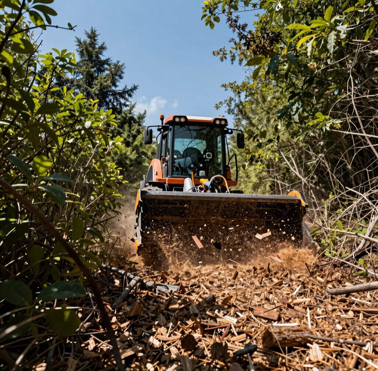 Low-angle dynamic shot of a high-flow forestry mulcher clearing dense brush in harsh direct sunlight, flying woodchips, rugged outdoor photography.