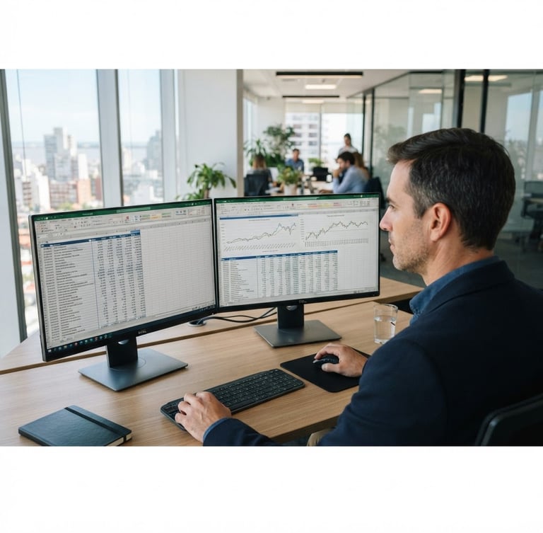 Over-the-shoulder shot of a professional analyzing financial spreadsheets on a dual monitor setup in a bright Montevideo office, natural window light, 35mm