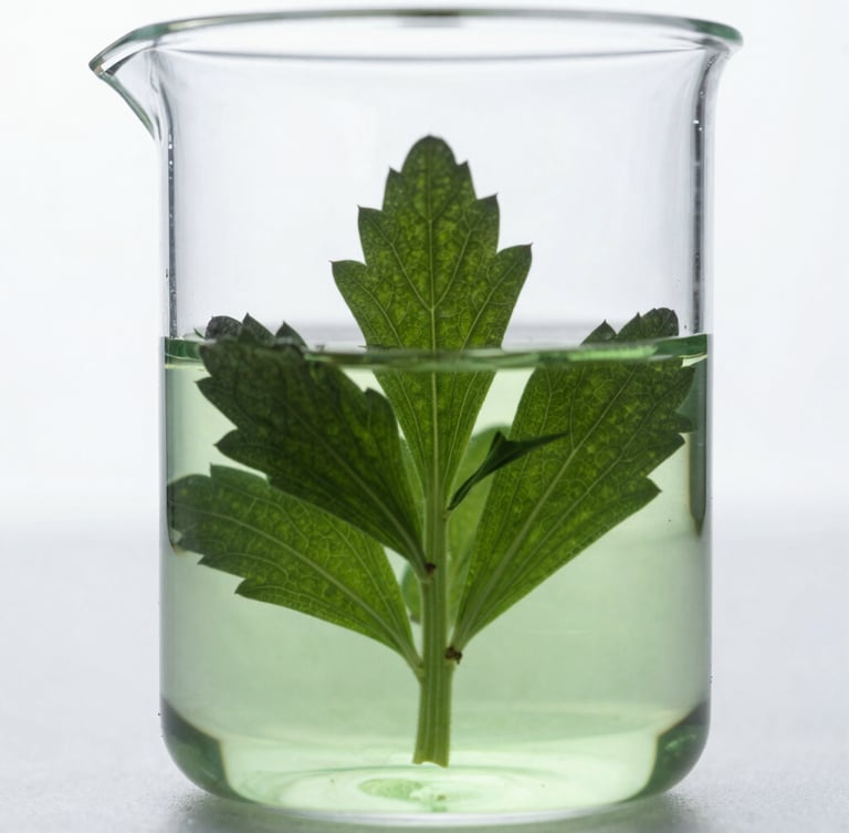 Macro shot of botanical specimens inside a clear glass laboratory beaker, sharp clinical lighting, deep forest green liquid, high contrast, sterile white background.