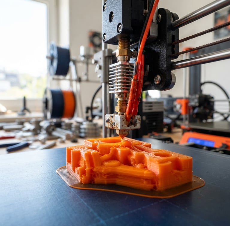 Close-up of a high-precision 3D printer nozzle extruding bright orange filament in a modern workshop, sharp focus on the physical layers, natural window light.