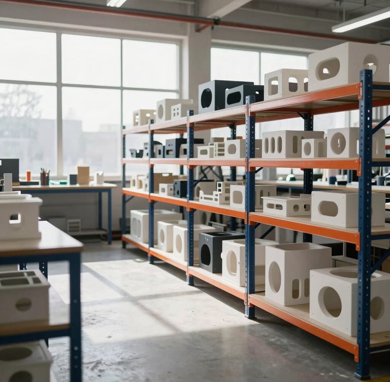 Wide environmental shot of an organized modern fabrication workshop, industrial shelves with prototypes, bright window light casting long shadows on concrete floor.