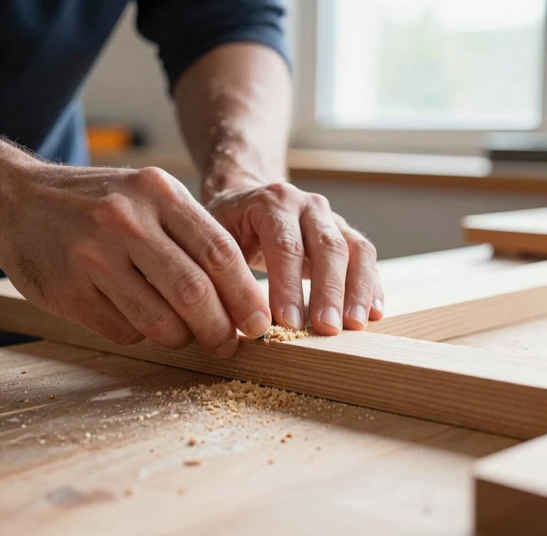 Hands of an artisan carefully sanding a wooden joint at a workbench, sawdust catching the bright morning light from a nearby window, shallow depth of field.