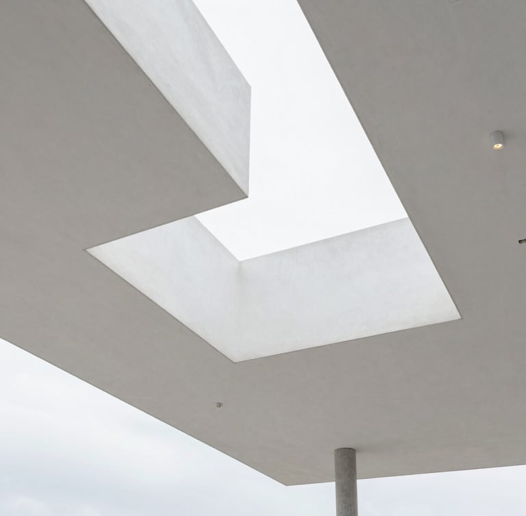 Vue en contre-plongée d'un faux-plafond en Gyproc blanc avec luminaires intégrés, lignes géométriques parfaites, lumière naturelle diffuse.