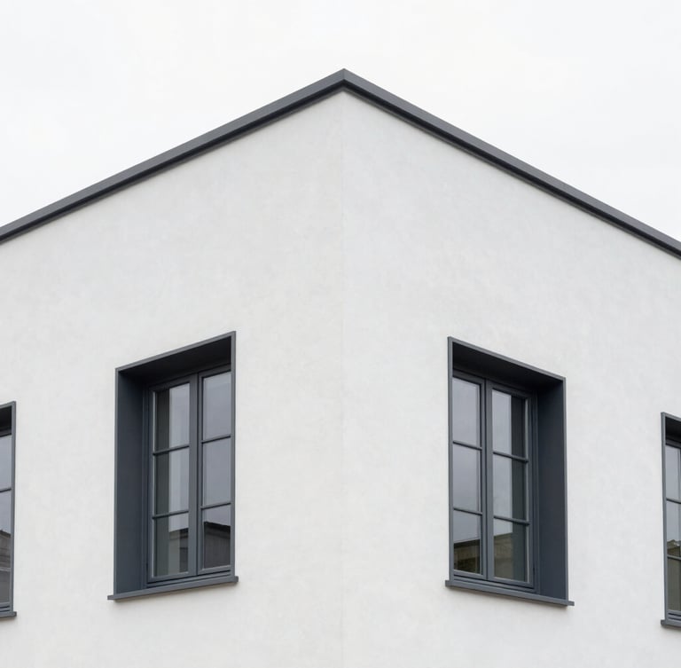 A pristine exterior house facade with sharp corners finished in clean white crépi, contrasting with dark grey window frames under soft Belgian daylight.