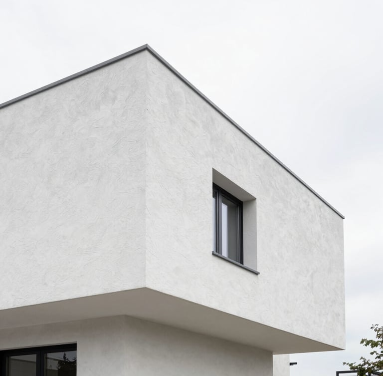 Architectural photography of a modern Belgian villa exterior, sharp geometric angles, pristine white textured crépi taloché facade, bright overcast daylight, 35mm lens.