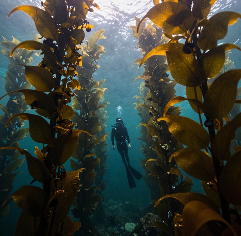 Wide environmental shot of a lone diver floating peacefully in a towering kelp forest, natural sunlight filtering down through the green canopy, low-contrast ambient underwater light.