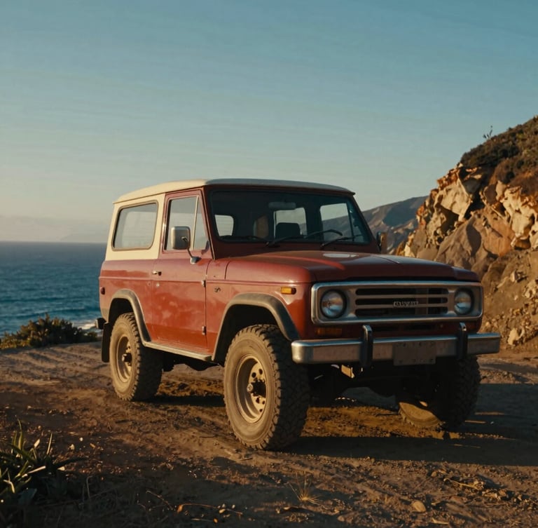 Cinematic low-angle shot of a vintage 4x4 driving along the rugged Pacific Coast Highway in California, deep blue ocean, golden hour light, 35mm film style.