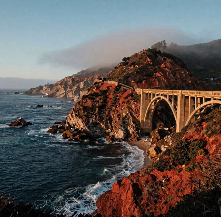 Cinematic wide shot of the Bixby Creek Bridge on the California coast, dramatic cliffs plunging into the deep blue Pacific Ocean, soft coastal fog, warm evening light.