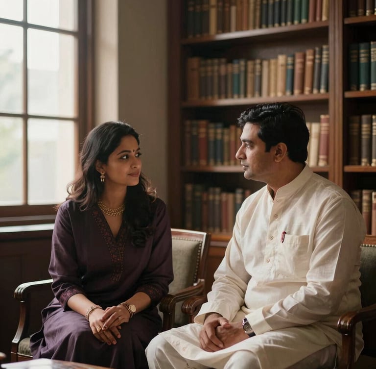 Elegant candid portrait of a professional Kayastha couple sitting in a sunlit, dignified library, sharing a respectful conversation, warm editorial photography, soft natural window light, 35mm