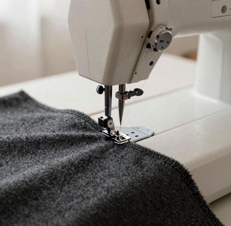Close-up of a modern industrial sewing machine stitching a heavy charcoal wool fabric, sharp focus on the needle and thread, soft natural daylight, editorial fashion photography style