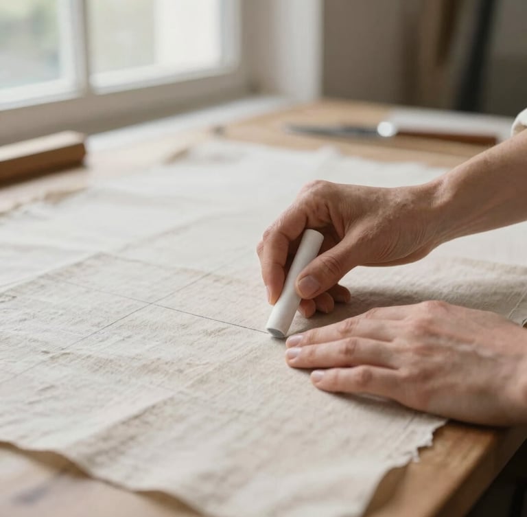 Close-up of experienced hands using a vintage tailor's chalk to trace lines on natural beige linen fabric, soft morning light filtering through an atelier window, shallow depth of field.