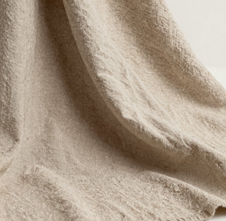Close-up of high-quality textured beige linen fabric draped elegantly, soft natural daylight casting gentle shadows, editorial fashion photography style, neutral sand tones, 35mm