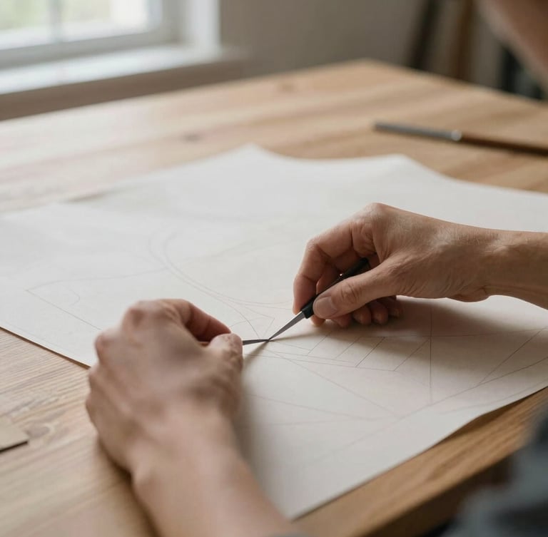 Hands of a skilled artisan carefully cutting a paper clothing pattern on a large wooden table, soft natural light coming from a window, shallow depth of field, 35mm