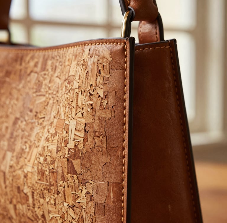 Close-up macro shot of a hand-stitched handbag showing the tactile contrast of raw cork grain and rich brown leather, warm natural window light, shallow depth of field