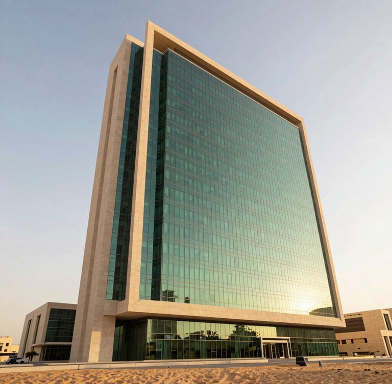 Low angle architectural shot of a modern, sleek corporate headquarters in Riyadh, warm desert sand tones reflecting evening sunlight, clean lines, high prestige, medium format editorial photography.