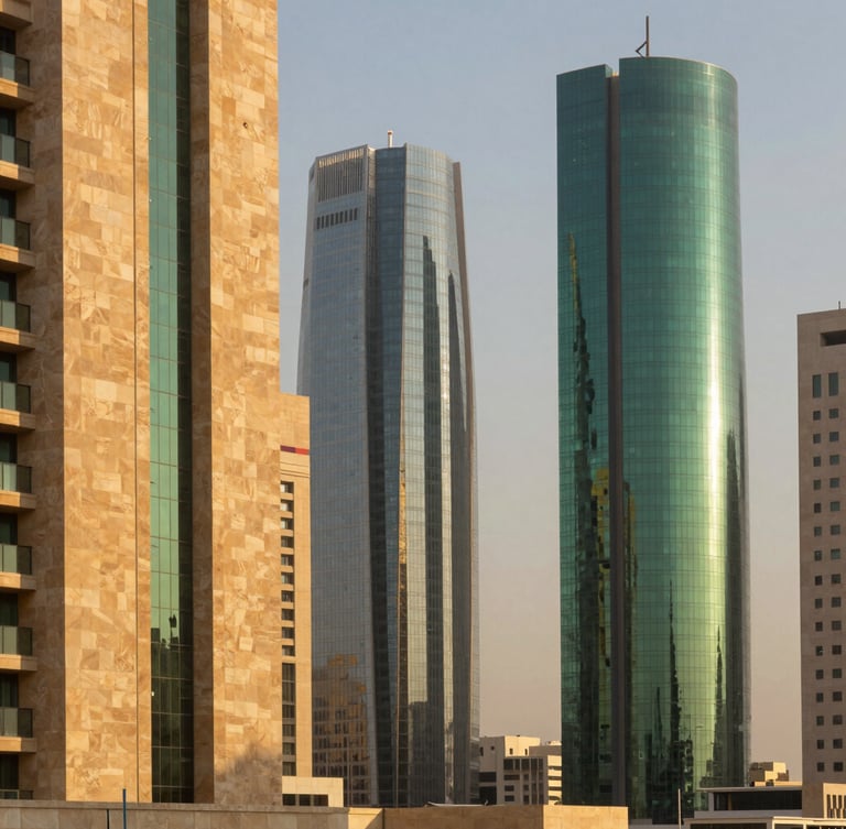 Warm environmental architectural shot of Riyadh financial district at golden hour, modern limestone and glass skyscrapers, soft desert sunlight casting long shadows, medium format