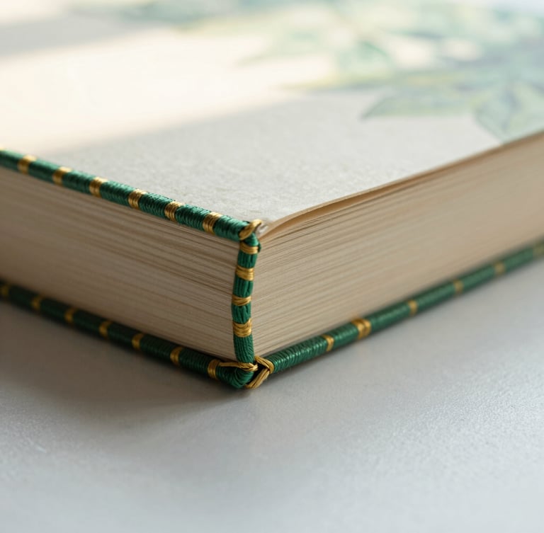 Close-up of a hand-stitched book spine with intricate green and gold thread using traditional Japanese binding technique, resting on a clean light gray surface, soft morning light, warm editorial photography