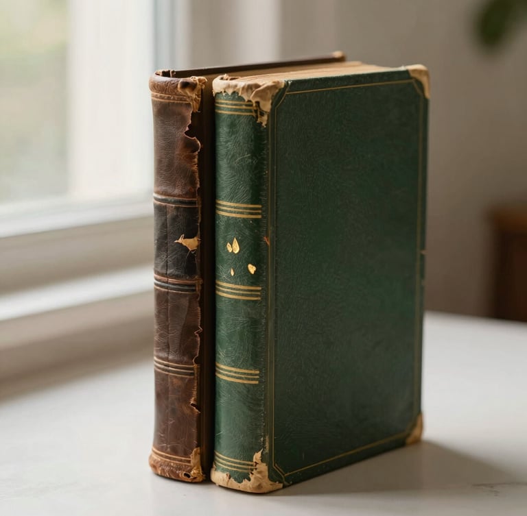 A split portrait of a restored vintage book, one side showing a torn leather spine, the other showing the beautifully repaired spine with clean stitching and gold leaf accents, neutral background, soft morning window light, shallow depth of field, warm editorial photography, 35mm