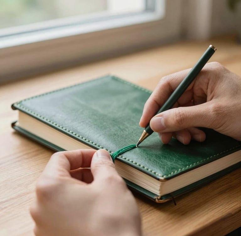 Hands carefully stitching a leather journal spine with green linen thread on a wooden workshop table, soft morning window light, detailed macro view.