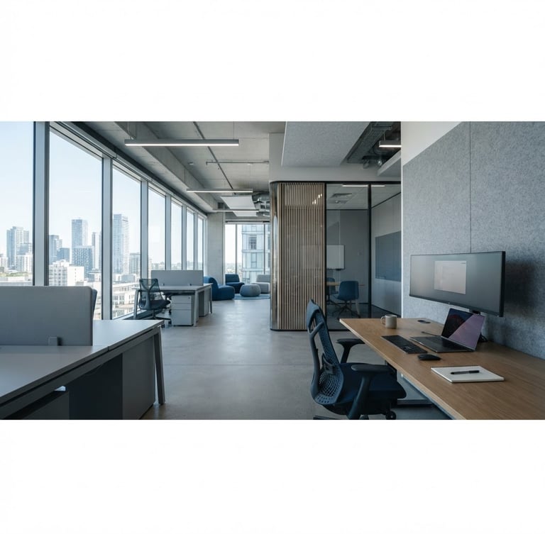 Modern office interior with clean lines, minimalist desk setup, and natural light, in desaturated blue and gray tones, sharp focus, architectural details, right third placement, wide panoramic view.