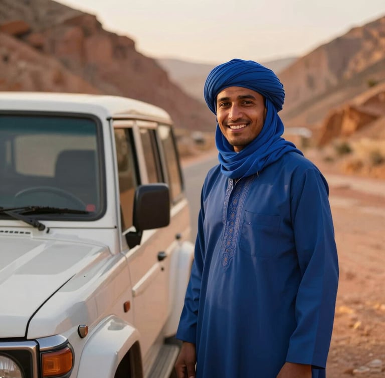 Portrait of a smiling Moroccan driver in a blue turban, warm golden-hour light, standing next to a modern 4x4 vehicle in a terracotta-toned mountain pass, shallow depth of field, 35mm