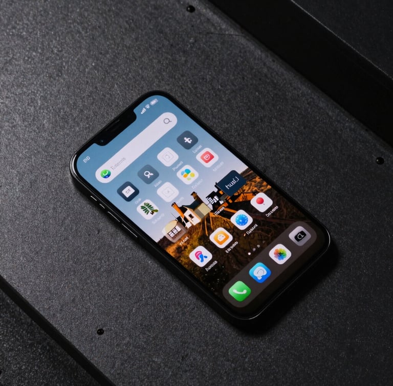 Top-down flat lay of a modern Android device displaying a high-contrast native UI layout with sharp shadows on a dark industrial surface.