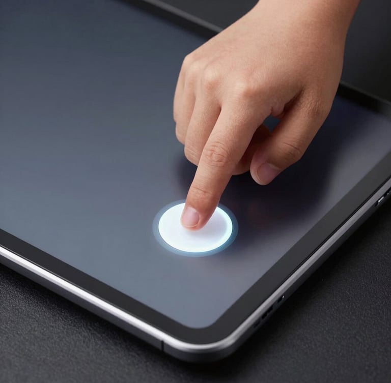 Macro top-down view of a child's hand precisely tapping a large high-contrast button on a sleek Android tablet, cool studio lighting, dark background.