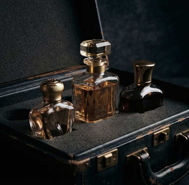 Macro studio photograph of luxury perfume bottles in transit cases, dramatic low-key lighting, deep obsidian and champagne gold tones, sharp focus, 35mm