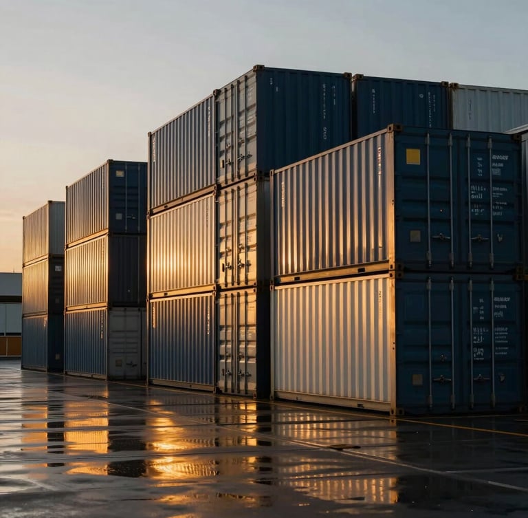 Wide angle dramatic shot of a modern cargo terminal at dusk, sleek shipping containers stacked neatly, golden hour reflections on wet tarmac, 35mm.