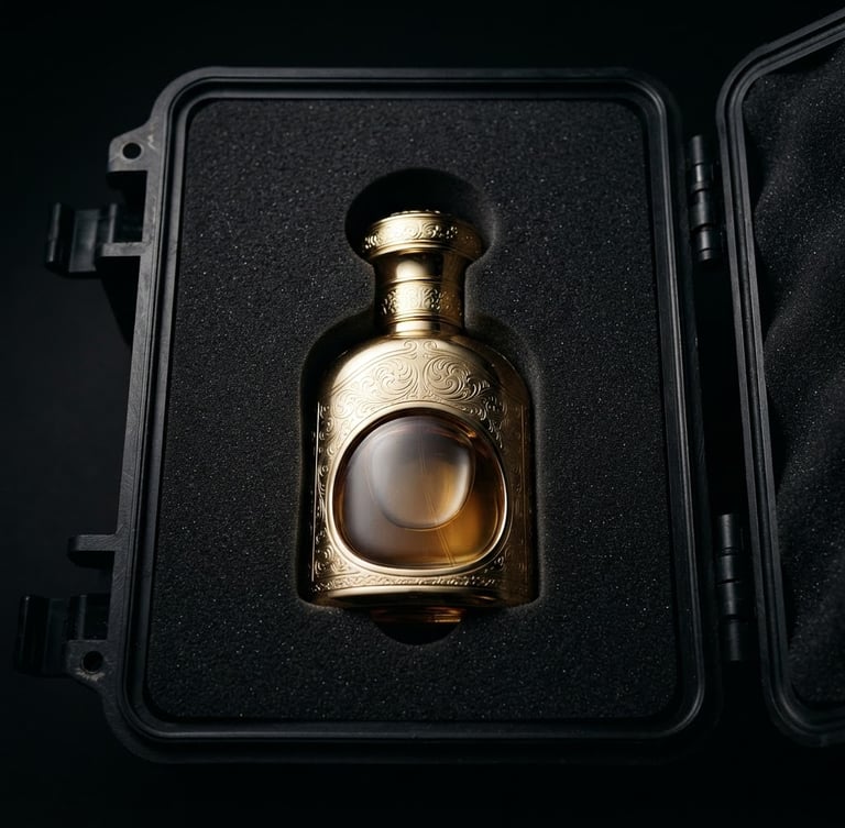 Macro photograph of a luxury gold perfume bottle nestled in a secure, custom-molded black transit case, sharp studio lighting, high contrast, 35mm.
