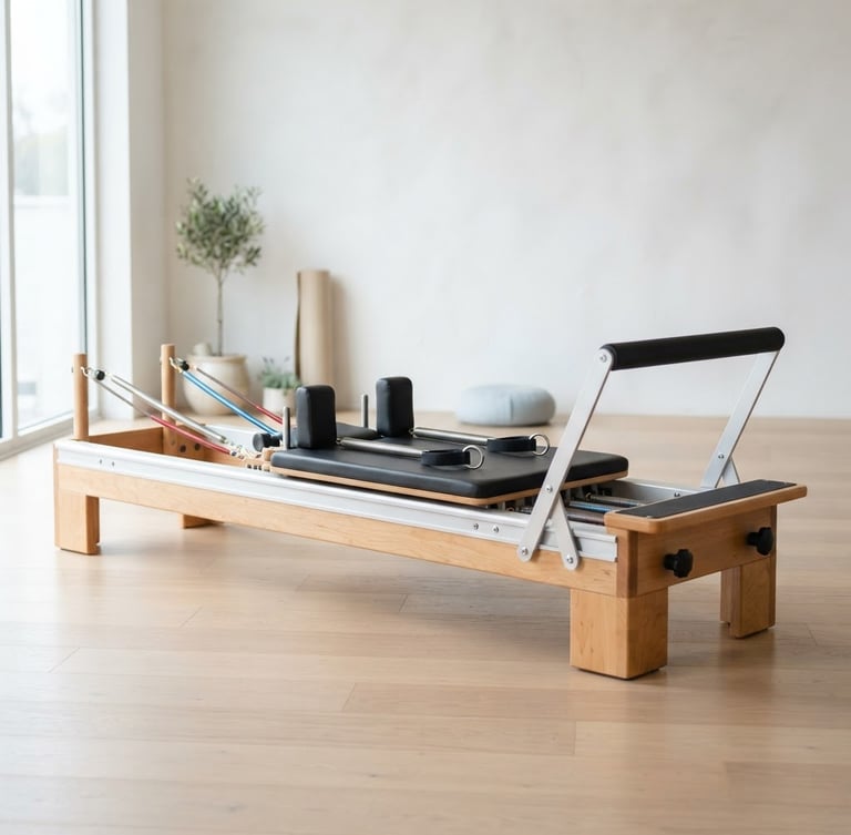 A sleek, modern Pilates reformer with Canadian maple wood and brushed aluminum accents, set in a minimalist, light-filled studio with soft, diffused daylight, off-center to the right, clean background.