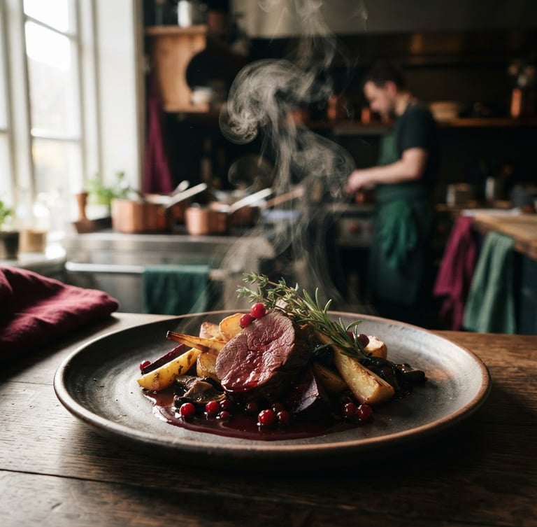Close-up of steam rising from a freshly plated dish in a cozy Scandinavian-style restaurant kitchen, soft directional daylight, high contrast, matte finish, deep crimson and forest green tones.