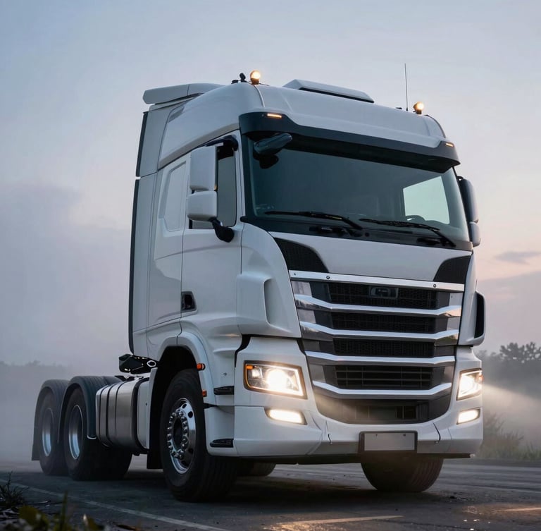 Low-angle heroic shot of a pristine, modern heavy truck cabin at twilight, headlights cutting through dramatic mist, sharp focus on the heavy-duty chrome grill, industrial high-reliability style.