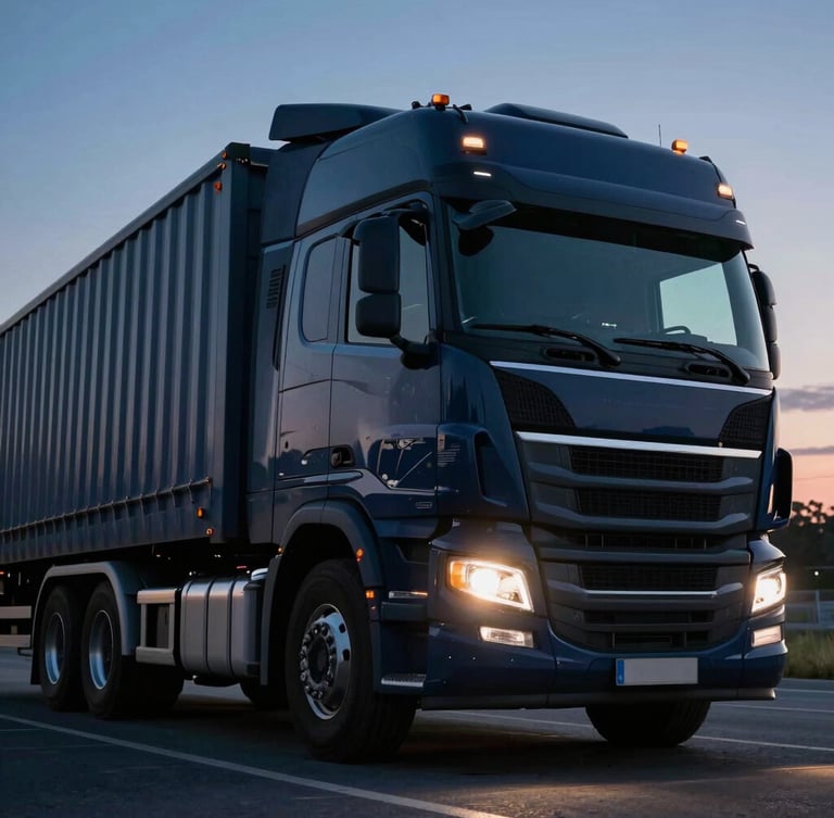 Low-angle heroic shot of a pristine, modern heavy-duty transport truck cabin in midnight navy, crisp twilight lighting with headlights cutting through the dark, cinematic framing.